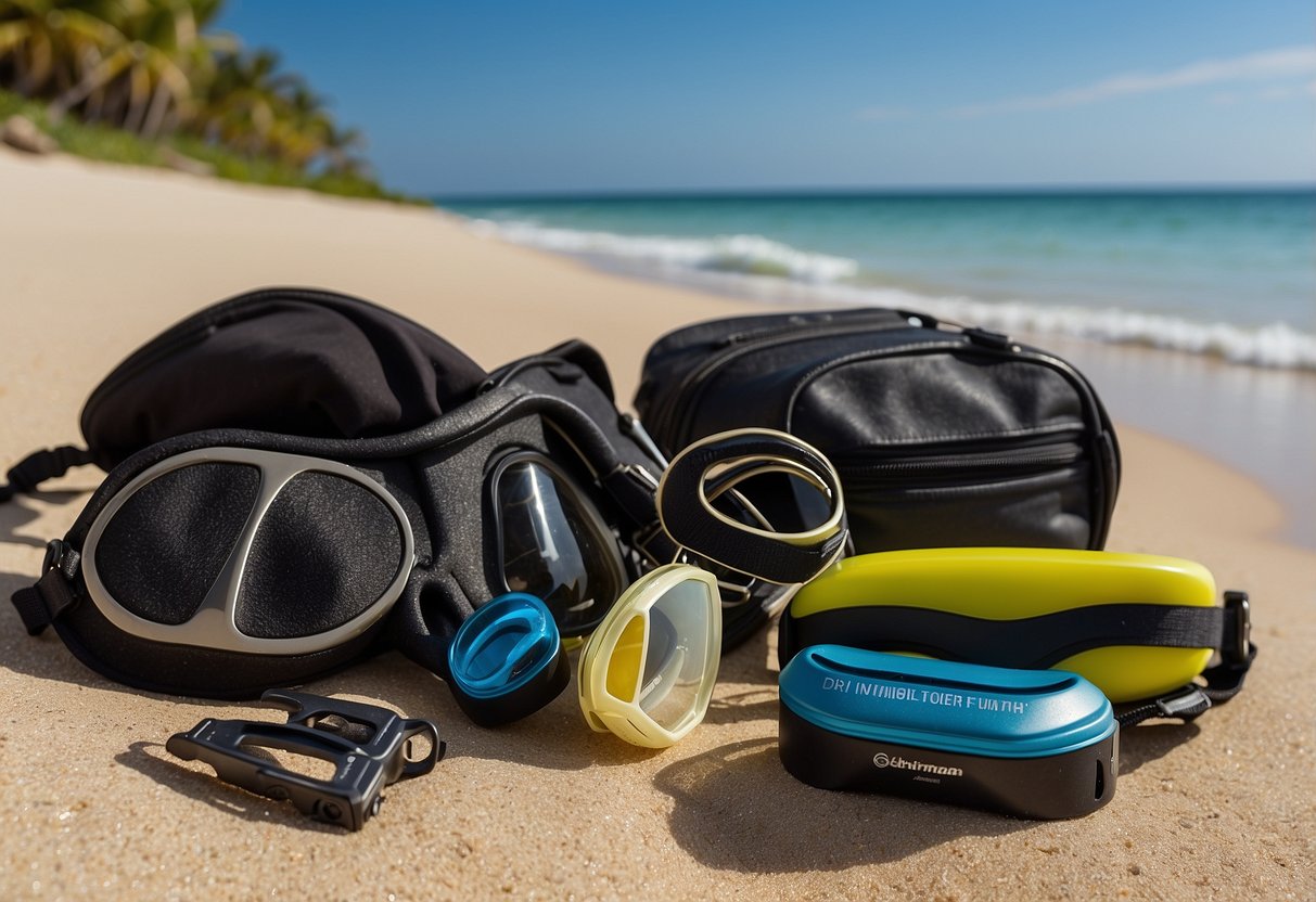 A snorkeler's gear laid out on a sandy beach: a Leatherman Signal multi-tool, snorkel mask, fins, and a waterproof bag