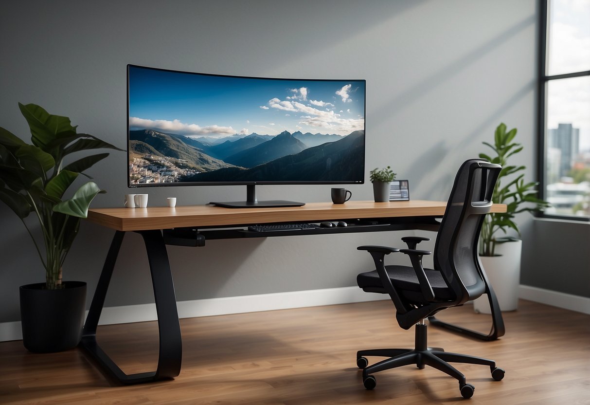 A modern office with an adjustable height desk, ergonomic chair, and sleek computer monitor