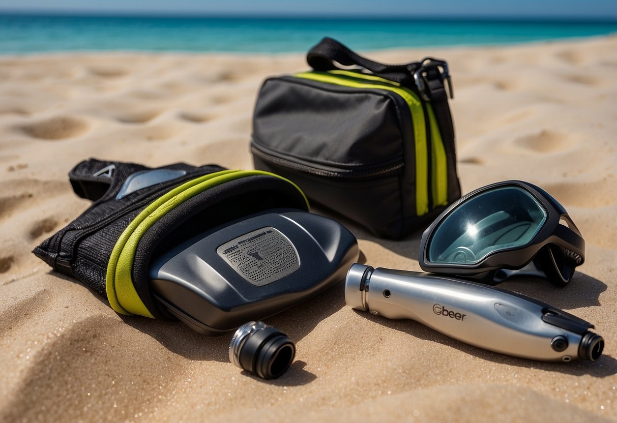 A snorkeler's gear laid out on a sandy beach: a Gerber Dime multi-tool, snorkel, mask, fins, and a waterproof bag