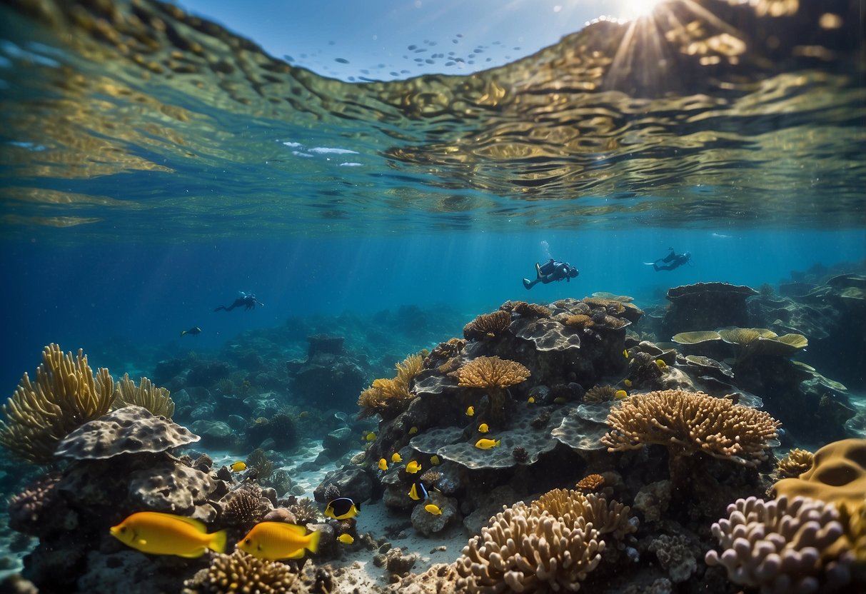 A colorful underwater scene with snorkeling gear and the Victorinox SwissTool 5 prominently displayed among vibrant coral and marine life