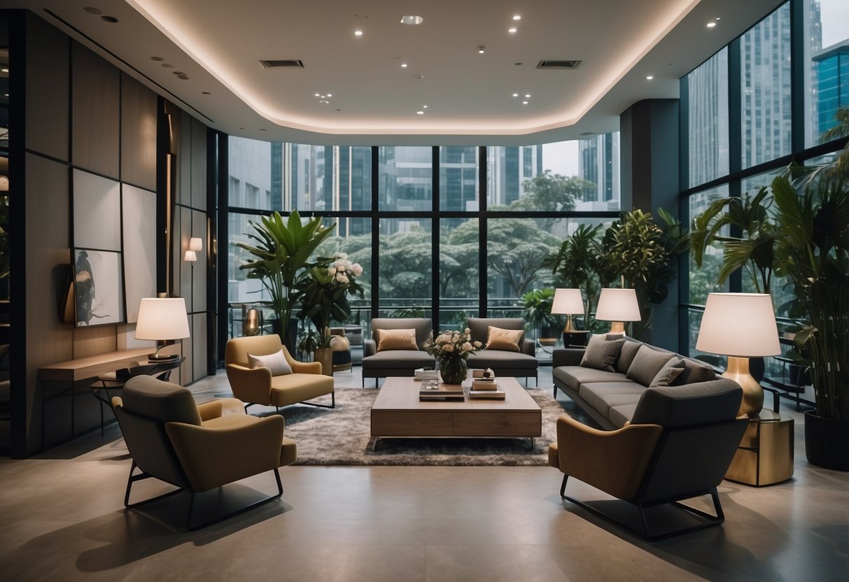 A modern furniture showroom in Singapore, showcasing sleek designs and stylish decor
