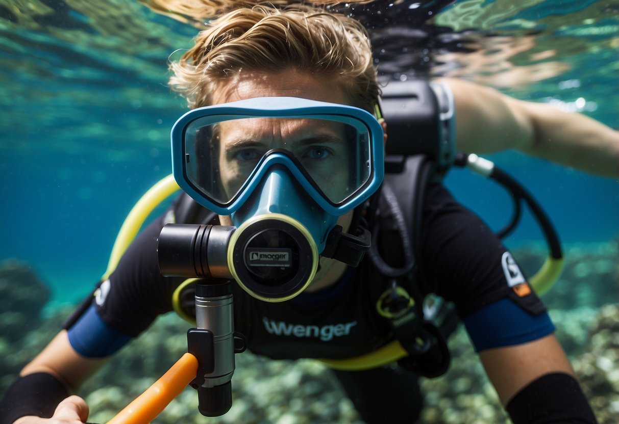 A snorkeler uses the Wenger RangerGrip 5 multi-tool to adjust their equipment underwater, surrounded by colorful fish and coral