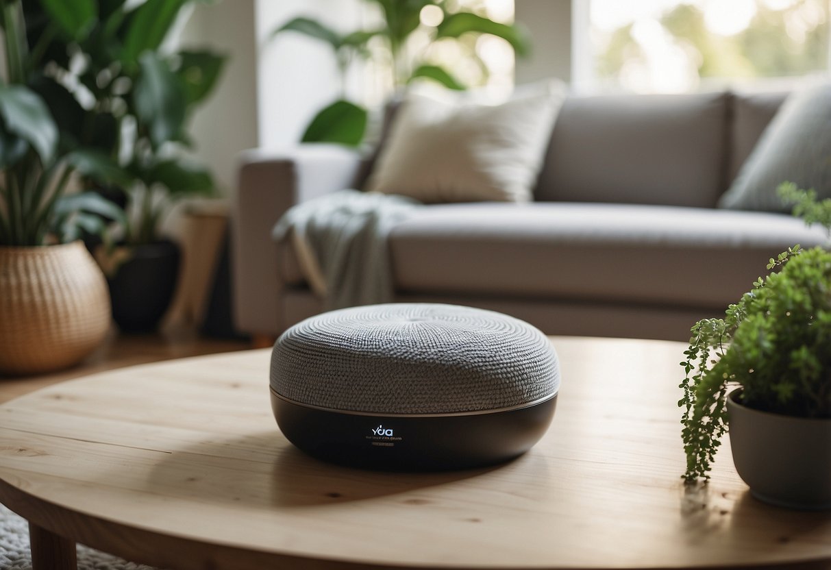A cozy living room with a yoga mat, meditation cushion, and essential oil diffuser, surrounded by plants and natural light