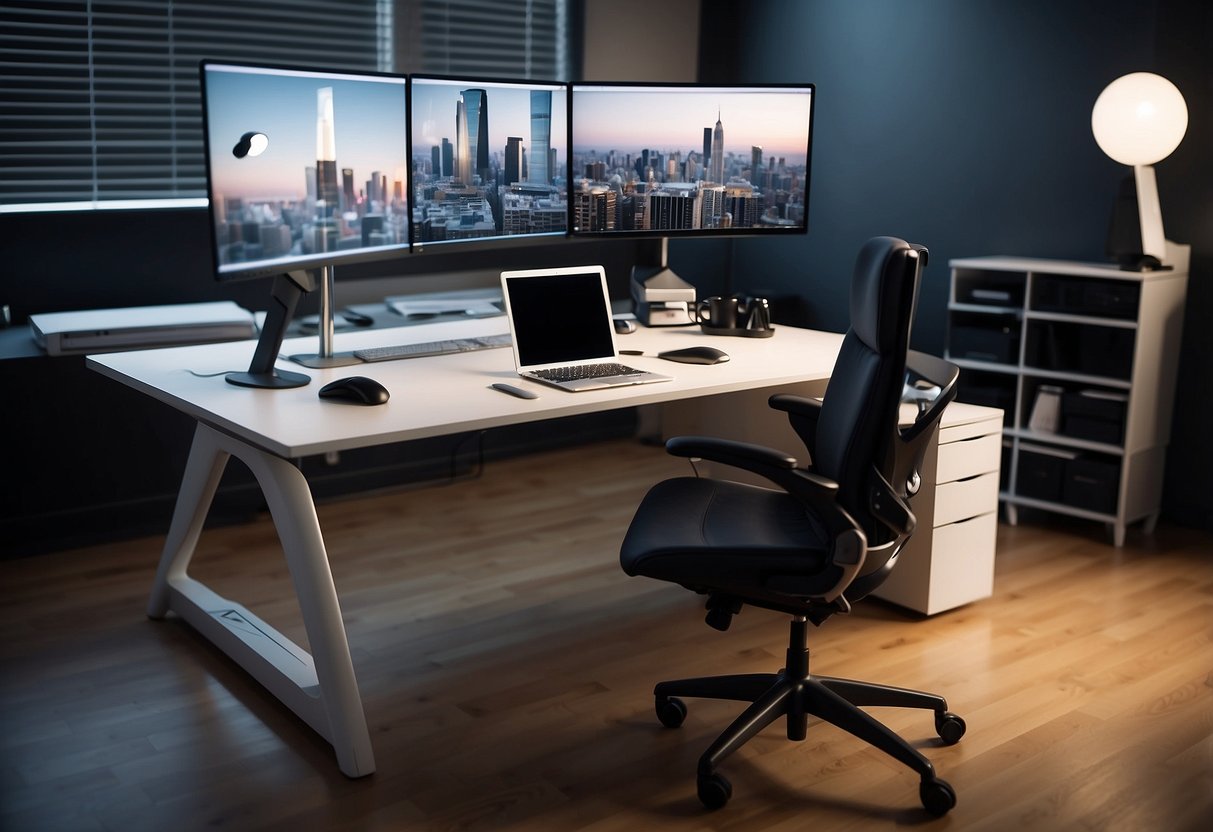 An adjustable height desk with a sleek, modern design, surrounded by ergonomic office chairs, and a clutter-free workspace with a computer and office supplies