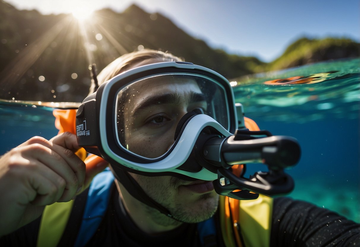 A snorkeler uses a multi-tool to adjust their mask, tighten fins, and cut through fishing line. The tool features a compact design with multiple functions for convenience underwater