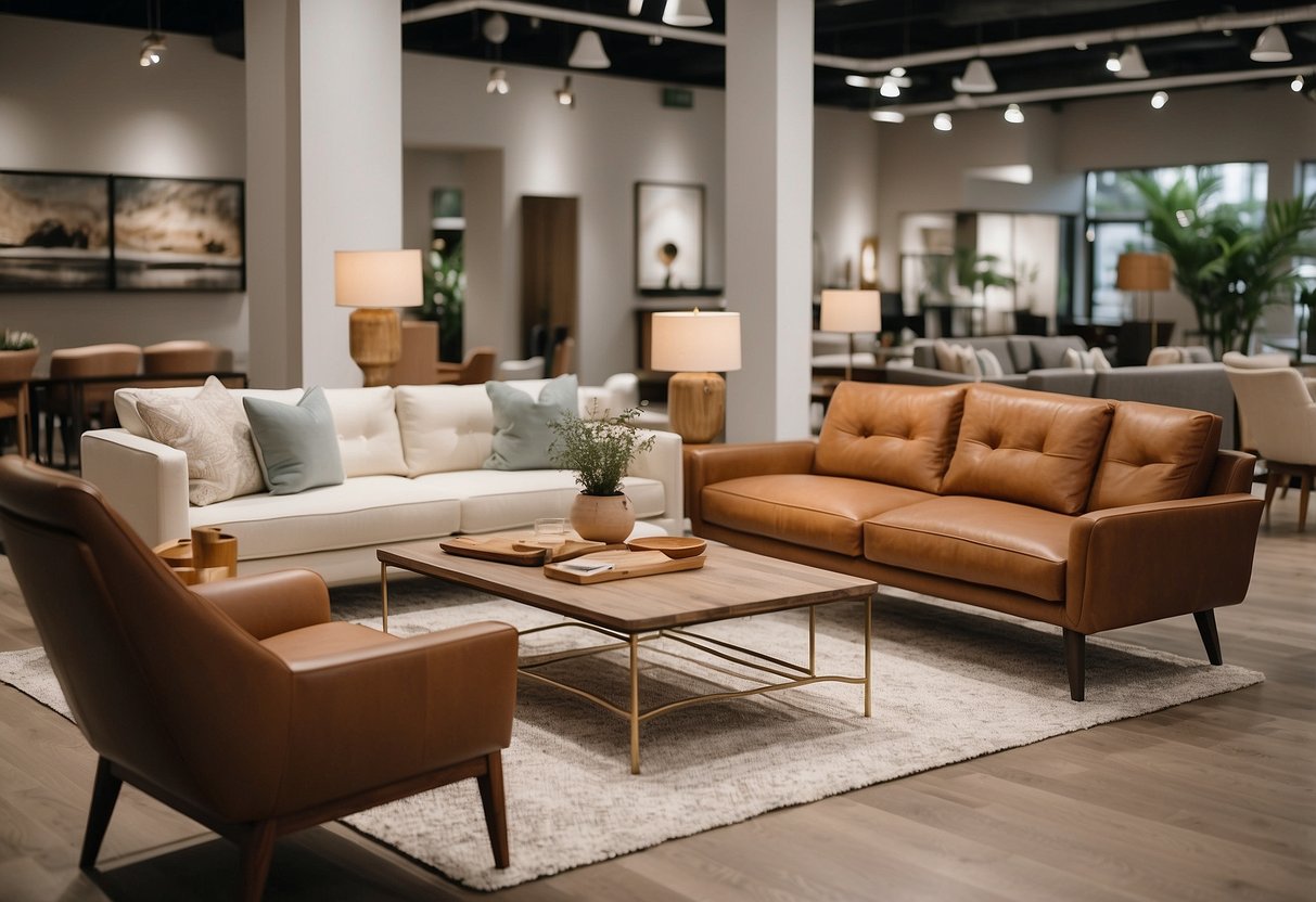 A spacious, well-lit showroom with modern furniture displays arranged in stylish settings. Clean lines, neutral colors, and cozy accessories create a welcoming atmosphere for customers to explore SB Furniture's collections