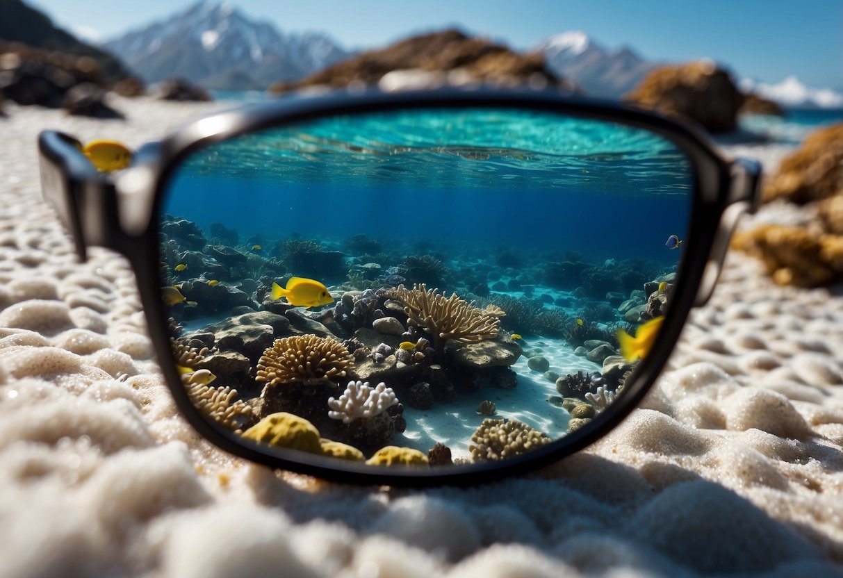 Crystal-clear water, vibrant coral reefs, and colorful marine life. Snow-capped mountains in the background. Sunlight glistening on the water's surface