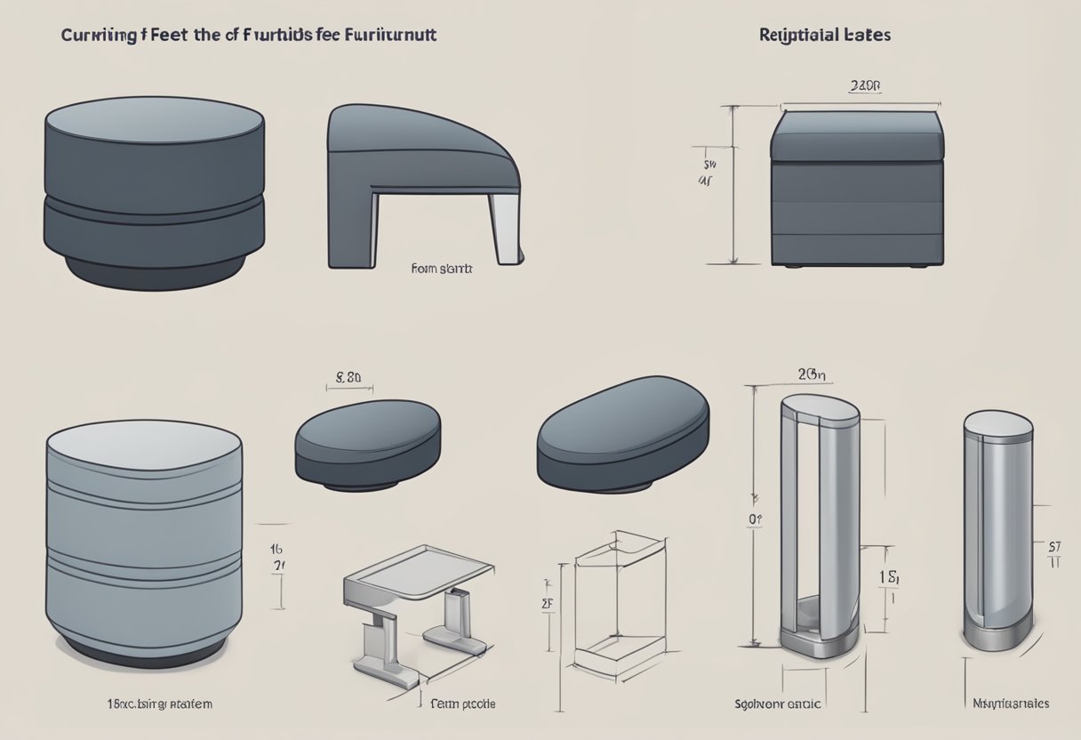 Rubber feet of varying sizes and shapes displayed next to furniture legs. Labels indicate weight capacity and material