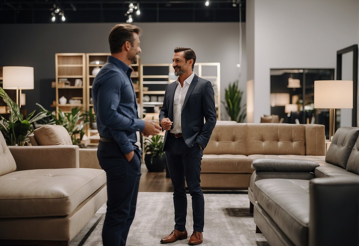 Customers browsing SB Furniture showroom, admiring modern designs and high-quality furnishings. Staff assisting with purchases and providing exceptional service