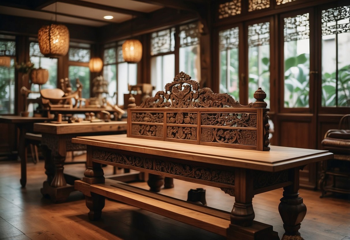 A traditional Singaporean woodworking studio, with intricate carvings and ornate designs, showcasing the influence of Singapore on furniture craftsmanship for home wellness furniture