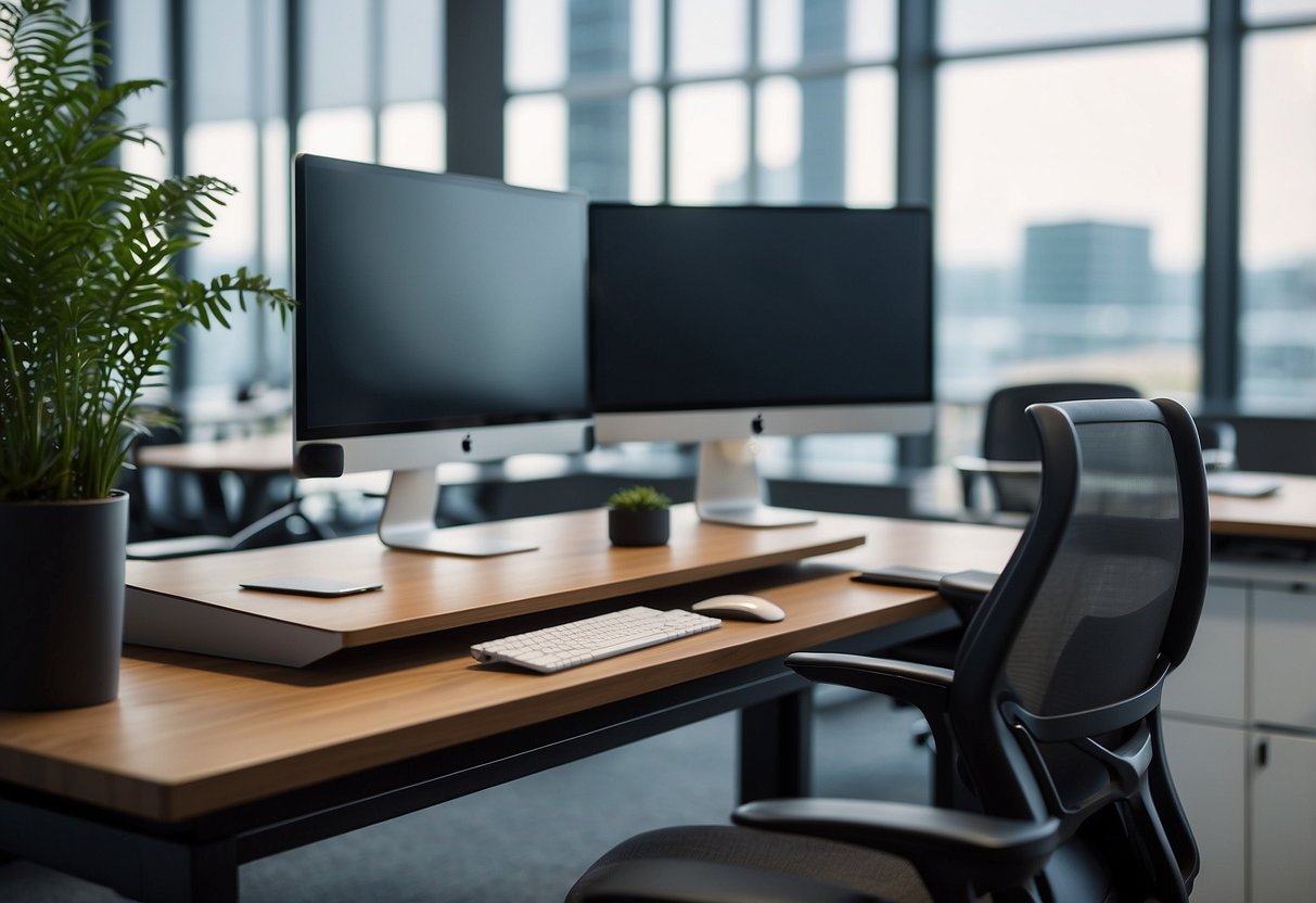 An adjustable height desk in a modern office setting with ergonomic office furniture and a computer monitor