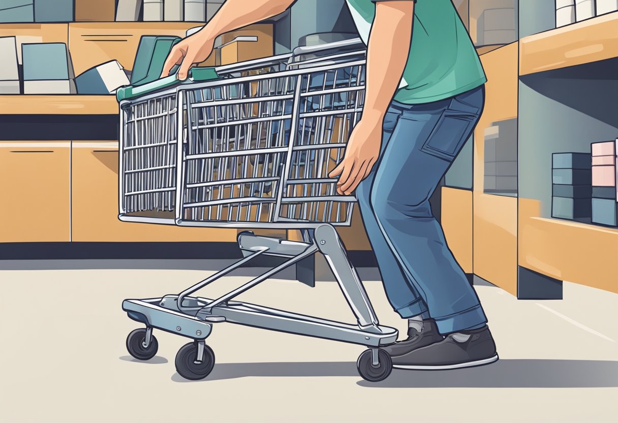 A hand places rubber furniture feet into a shopping cart. Another hand applies the feet to a chair leg