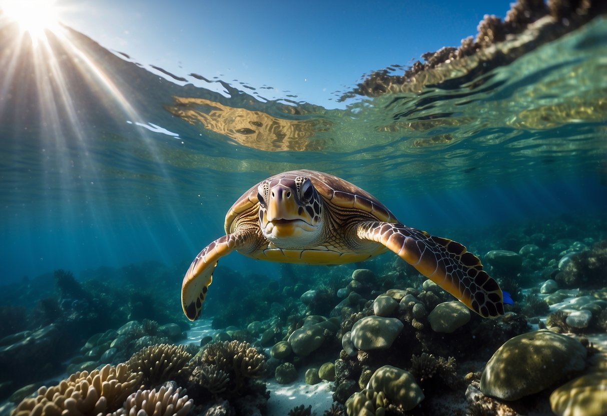 Crystal clear waters surround the Devil's Crown, revealing vibrant coral reefs and an array of marine life. The underwater landscape is teeming with colorful fish and sea turtles, making it an ideal spot for winter snorkeling