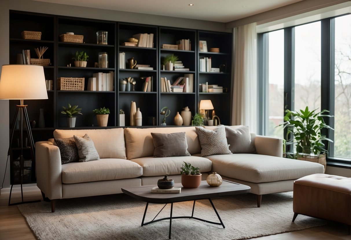 A cozy living room with modern furniture, including a sleek sofa, coffee table, and bookshelf. Soft lighting and decorative accents create a welcoming atmosphere