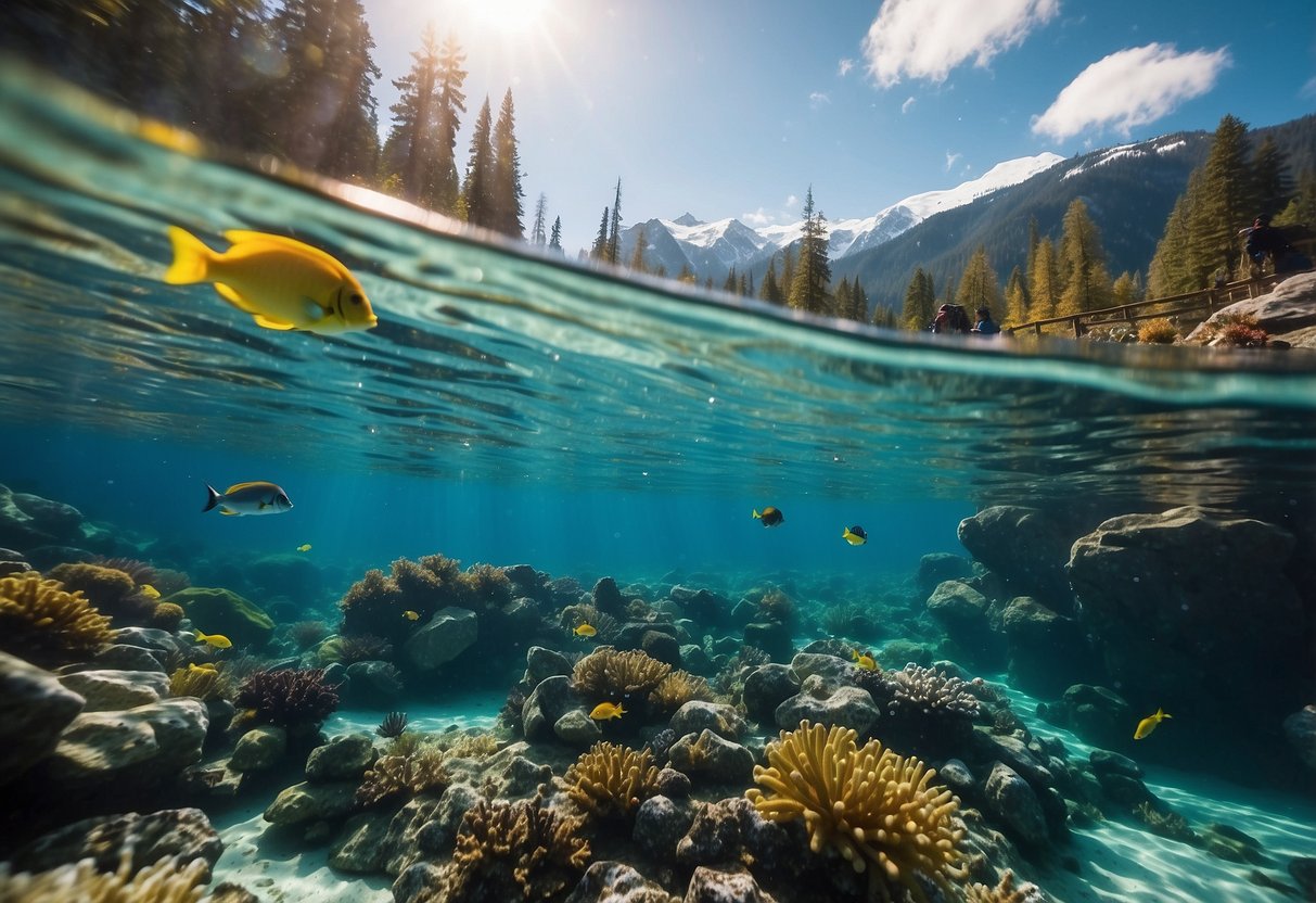 Crystal-clear waters of Kelvin Grove, BC invite winter snorkelers. Snow-capped mountains frame the serene underwater world. Gliding fish and colorful marine life add to the surreal experience