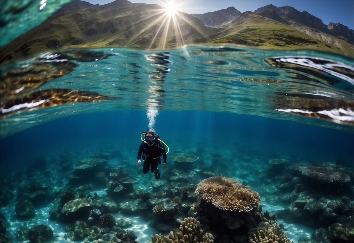 Crystal-clear water, snow-capped mountains, and colorful marine life. A snorkeler explores the icy depths, surrounded by the beauty of winter