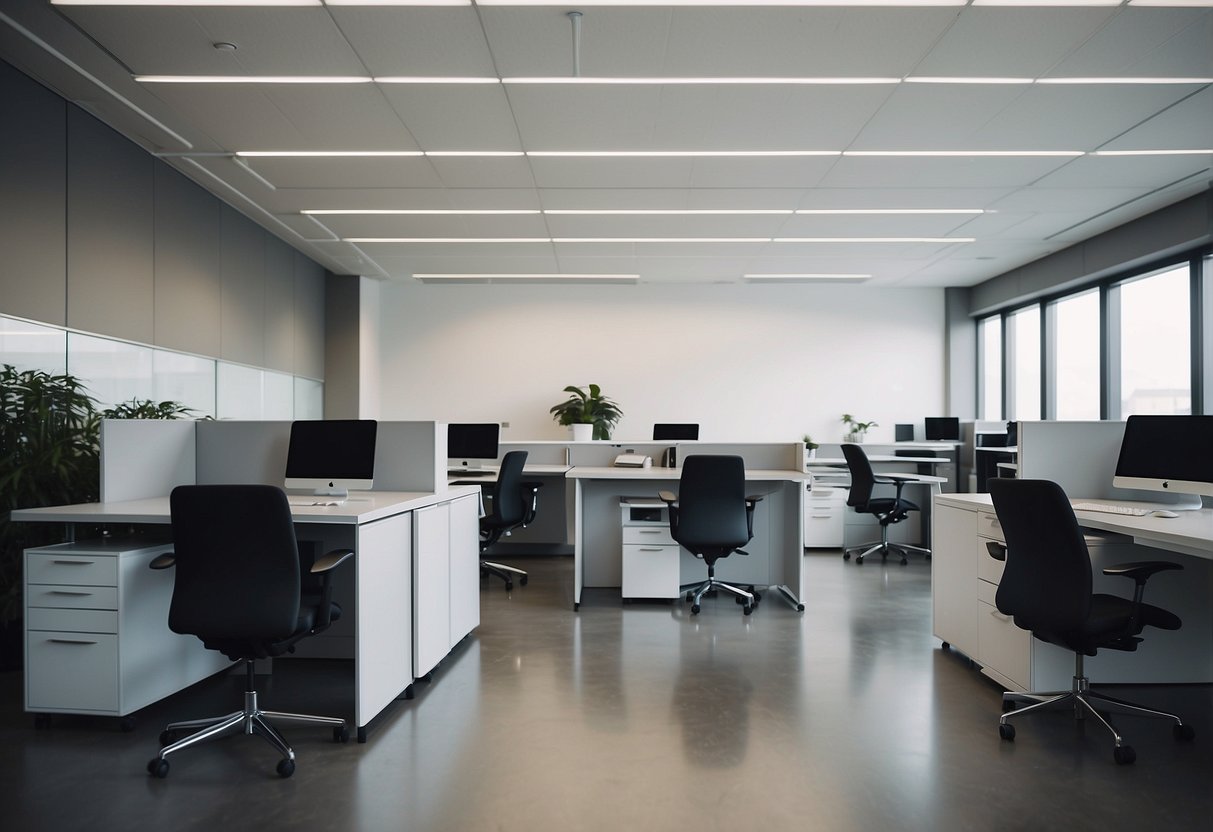 A modern office space with a sleek, adjustable height desk surrounded by ergonomic chairs and organized storage units