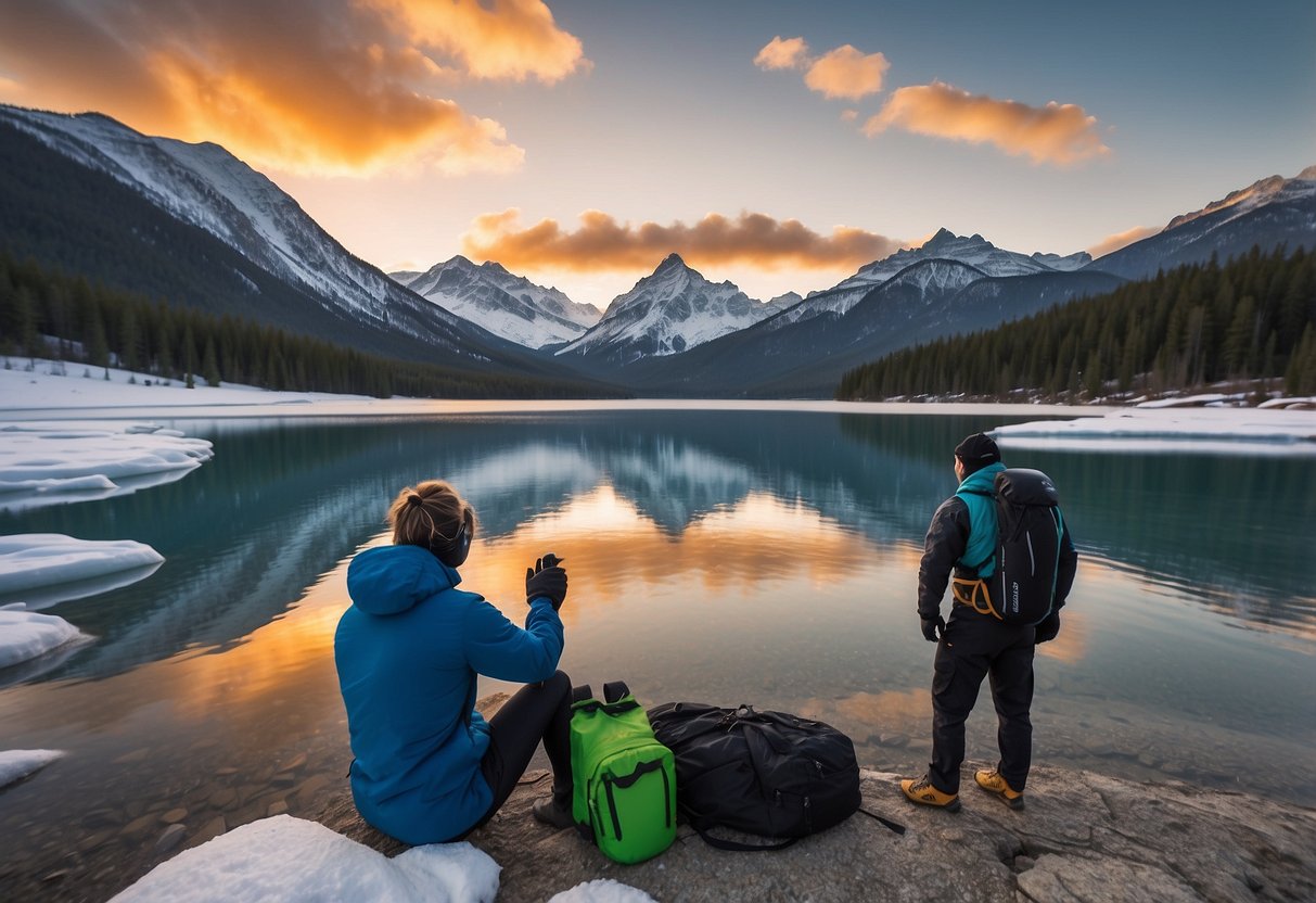 A person is packing a snorkel, mask, and wetsuit into a backpack. Snow-covered mountains and a frozen lake are in the background