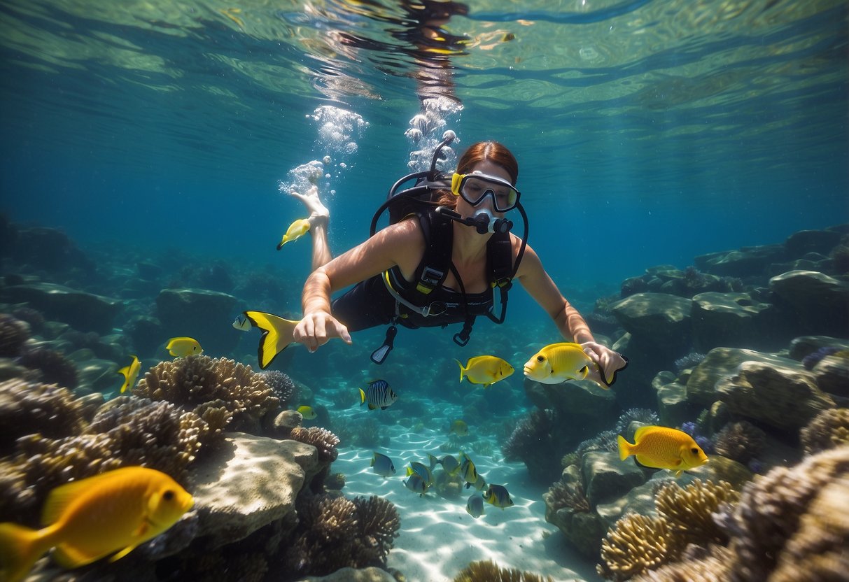 Crystal clear water, vibrant coral, and colorful fish below. Snorkeler floats effortlessly, using proper technique to avoid ear pain