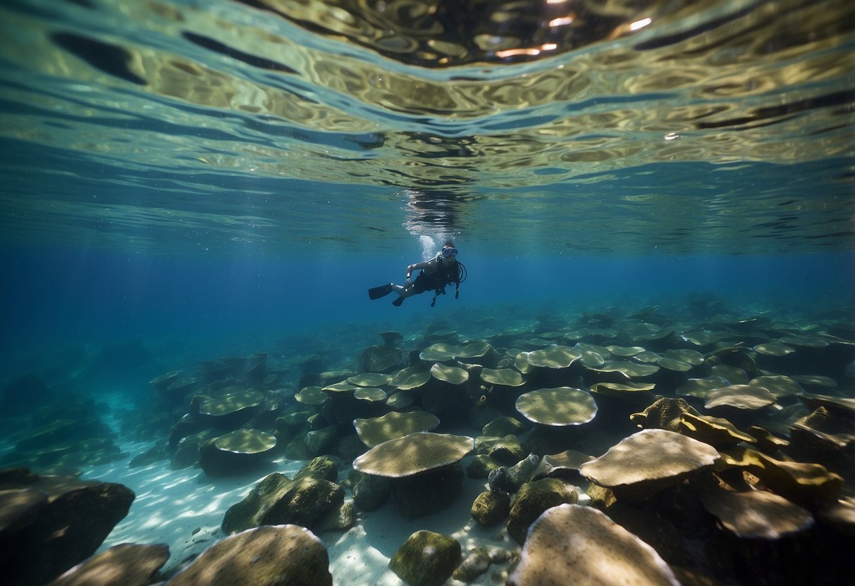 Crystal clear water, snorkel gear floating on surface, calm waves, colorful fish swimming below, person practicing deep breaths