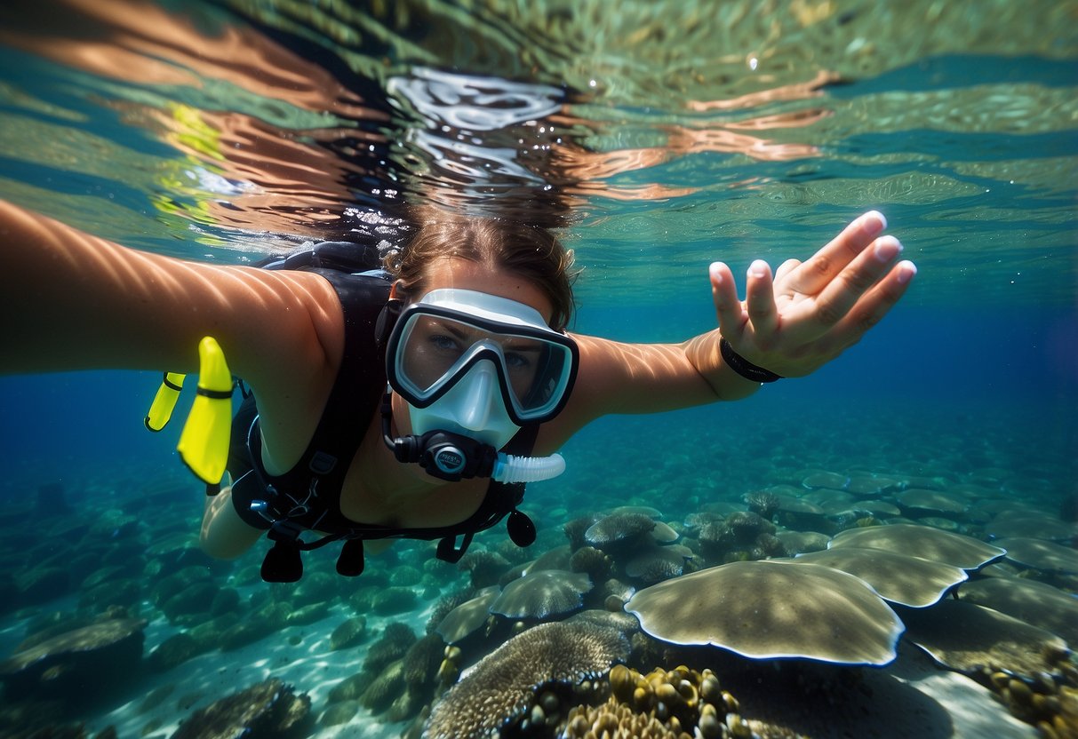 Crystal-clear water, vibrant coral reefs, snorkel gear floating on the surface, and a snorkeler adjusting their mask before exploring the underwater world