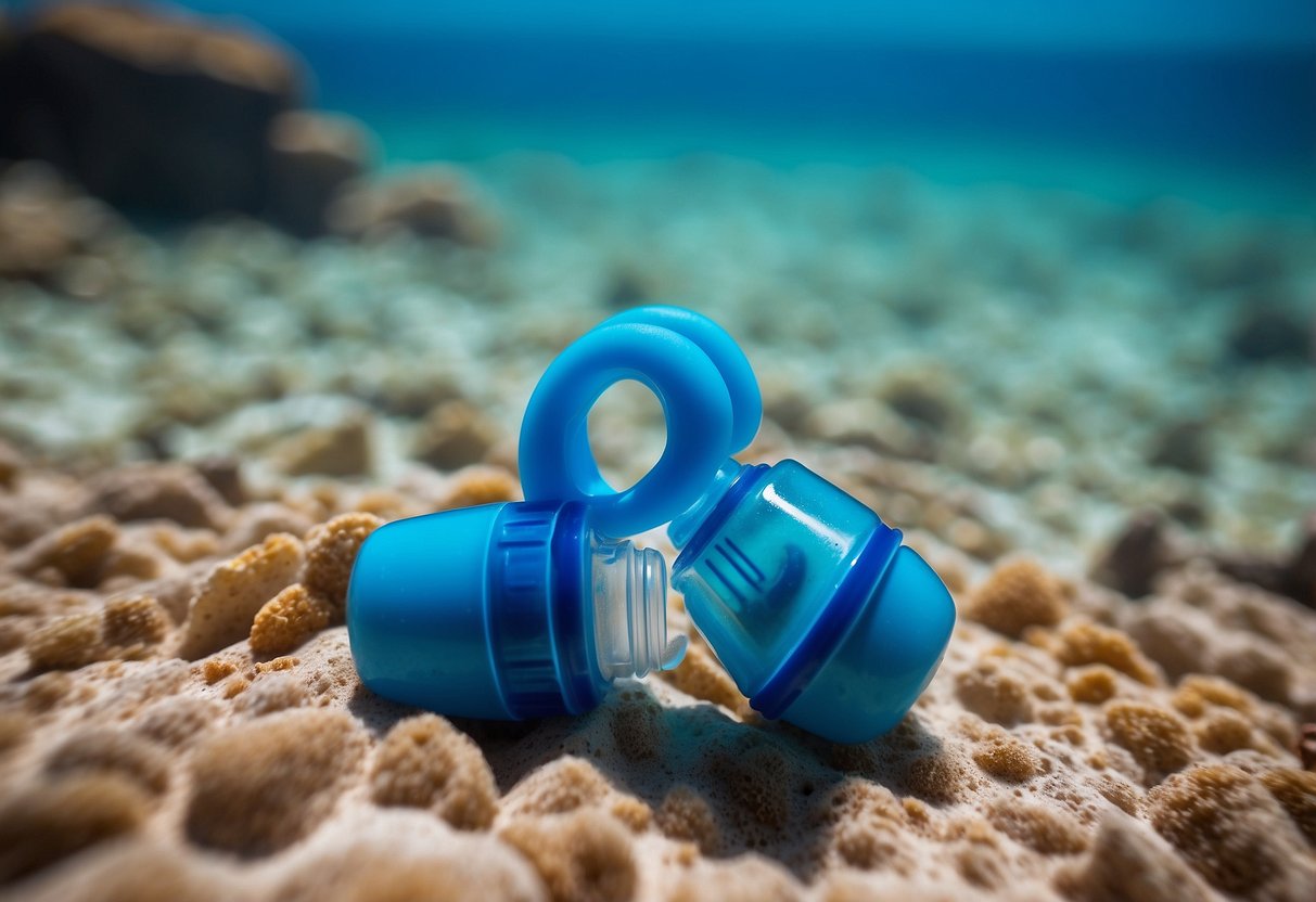 Earplugs for snorkeling, floating on water surface, surrounded by colorful fish and coral. Blue sky above, calm ocean below