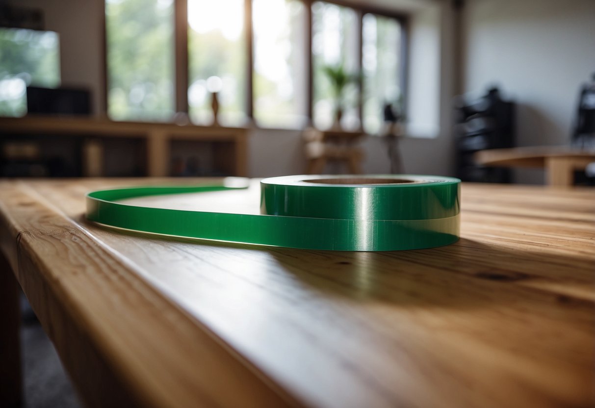 A roll of PVC tape is being wrapped around the edge of a wooden table, securing it in place