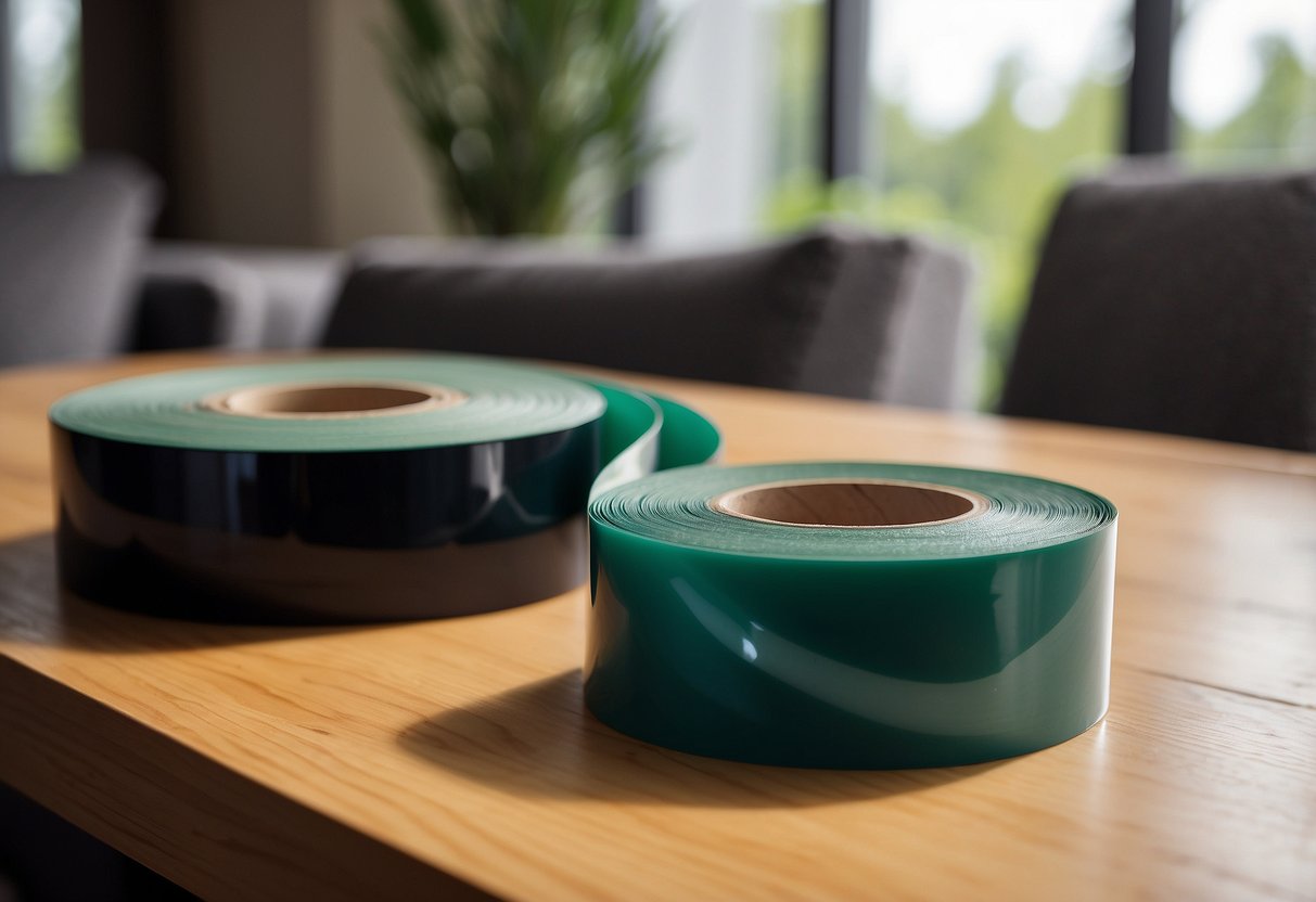 A roll of PVC tape sits on a wooden table next to a stack of furniture pieces. The tape is being used to wrap around the edges of the furniture, providing a clean and polished finish