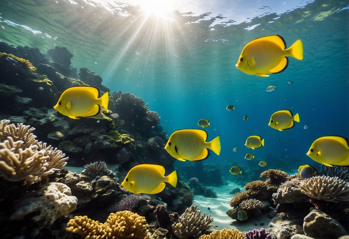 Crystal clear waters teeming with colorful fish, vibrant coral reefs, and gentle ocean currents. Sunlight filters through the water, creating a mesmerizing underwater landscape