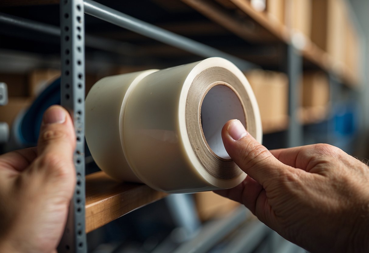 A hand reaches for a roll of PVC tape on a shelf, then applies it to a piece of furniture, smoothing out the tape to cover the surface
