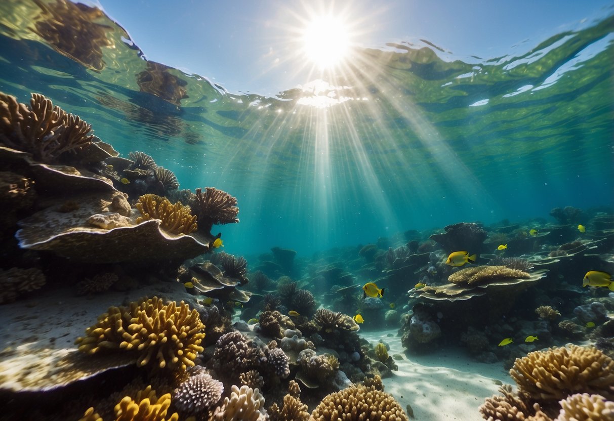 Crystal clear water teeming with colorful marine life, surrounded by vibrant coral reefs. Sunlight glistens through the water, highlighting the importance of choosing the right water source for snorkeling trips