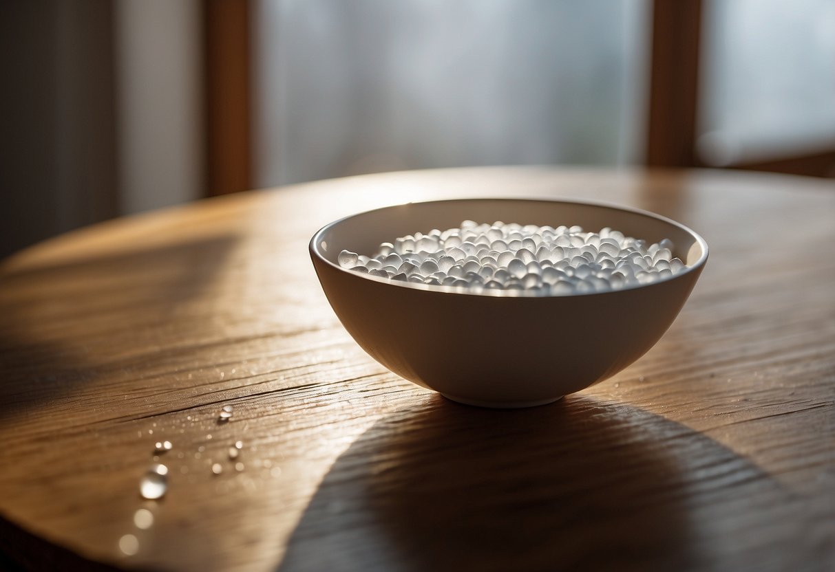 A wooden table is placed in a well-lit, dry area away from moisture. A small bowl of silica gel is placed nearby to absorb excess moisture