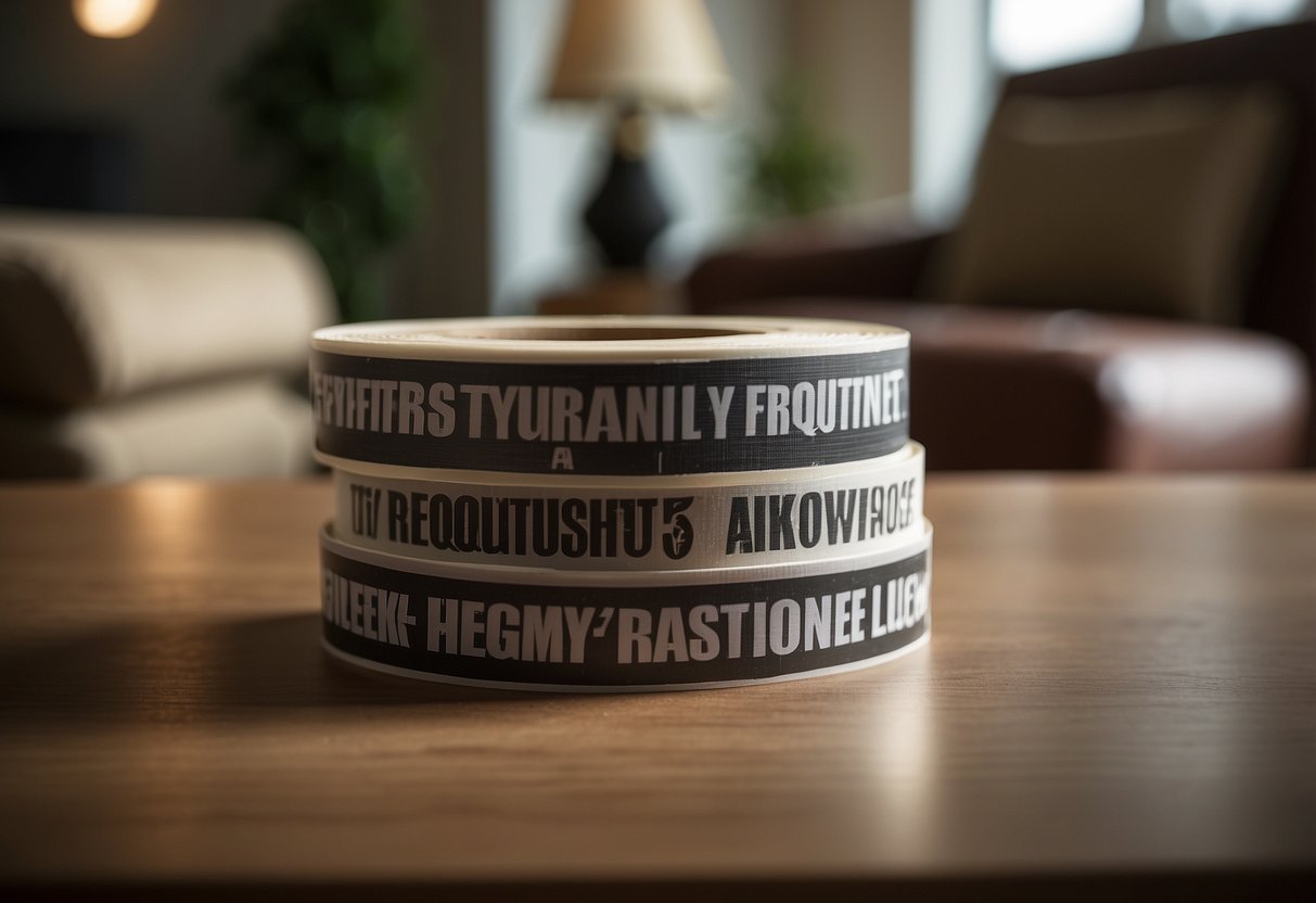 PVC tape wrapping around furniture edges and corners. Text "Frequently Asked Questions" printed on the tape