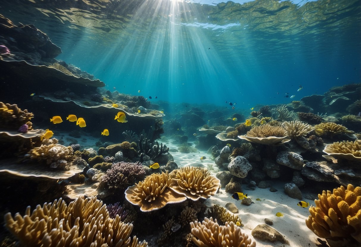 Clear water teeming with colorful marine life, vibrant coral reefs, and diverse aquatic flora. Sunlight filters through the crystal-clear water, illuminating the underwater world