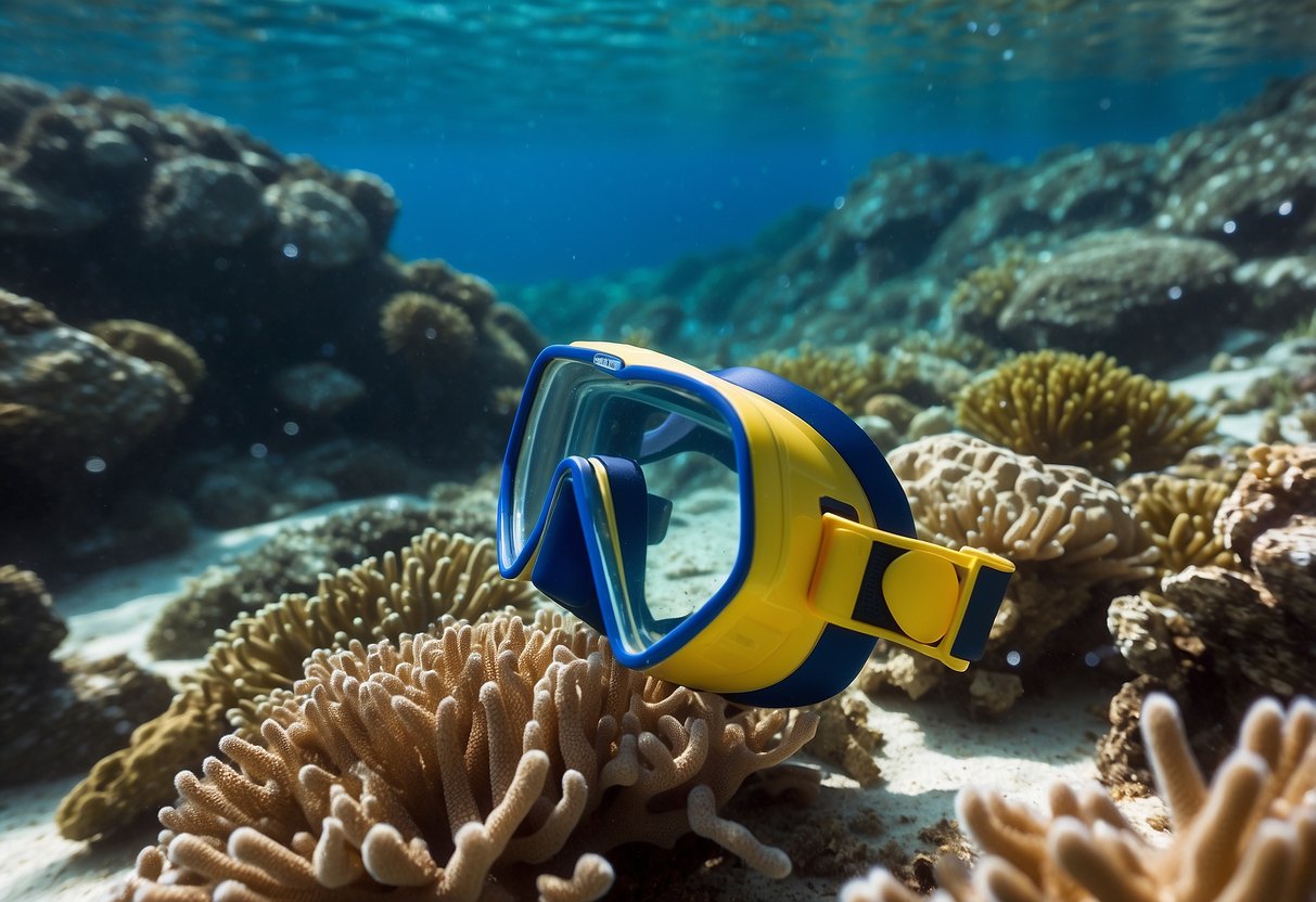 Clear water with vibrant coral and marine life. A snorkel and mask float on the surface. No signs of human presence, only natural beauty