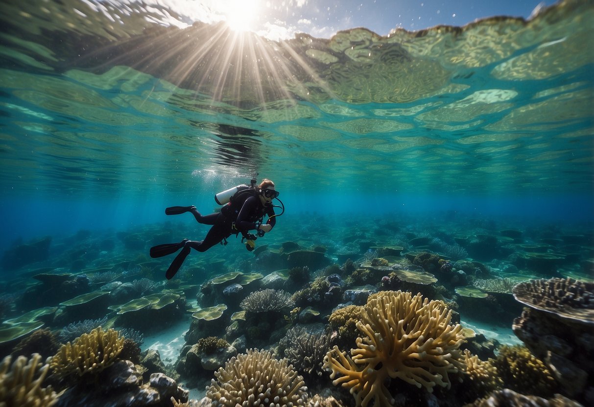 Vibrant coral reefs teeming with life, surrounded by clear turquoise waters. A snorkeler observing from a respectful distance, leaving no trace behind