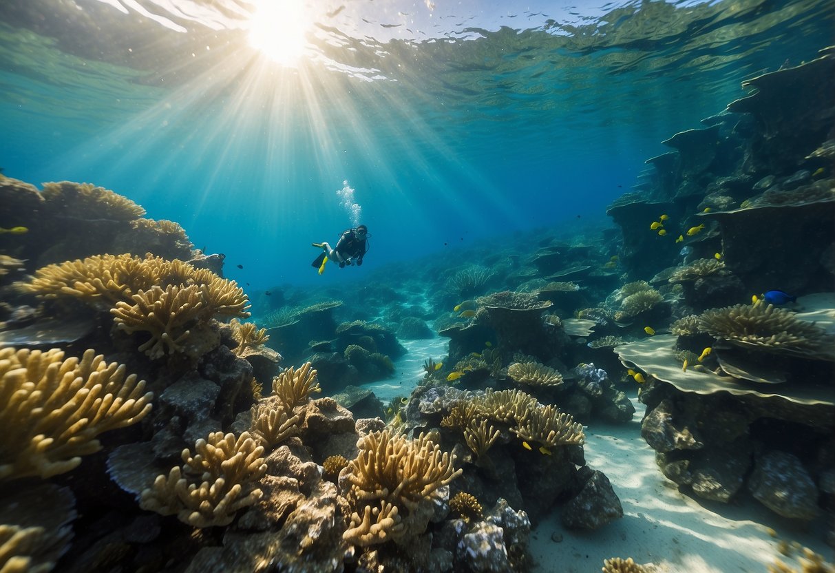 Crystal-clear water, vibrant coral, and colorful fish. A snorkeler applies reef-safe sunscreen before exploring the underwater world, leaving no trace behind