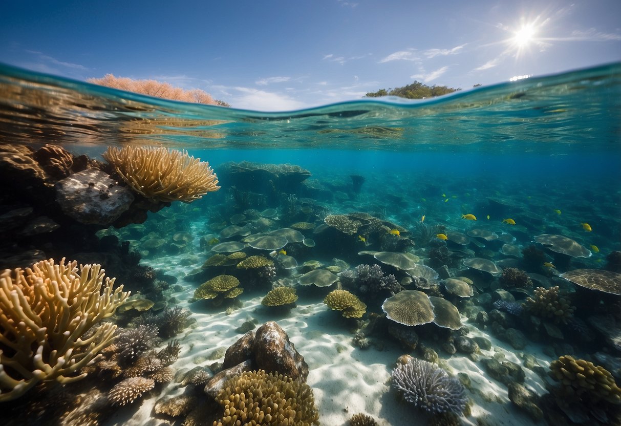 Crystal-clear water with vibrant coral and marine life. A sign reads "Do Not Feed Marine Life" as snorkelers leave no trace