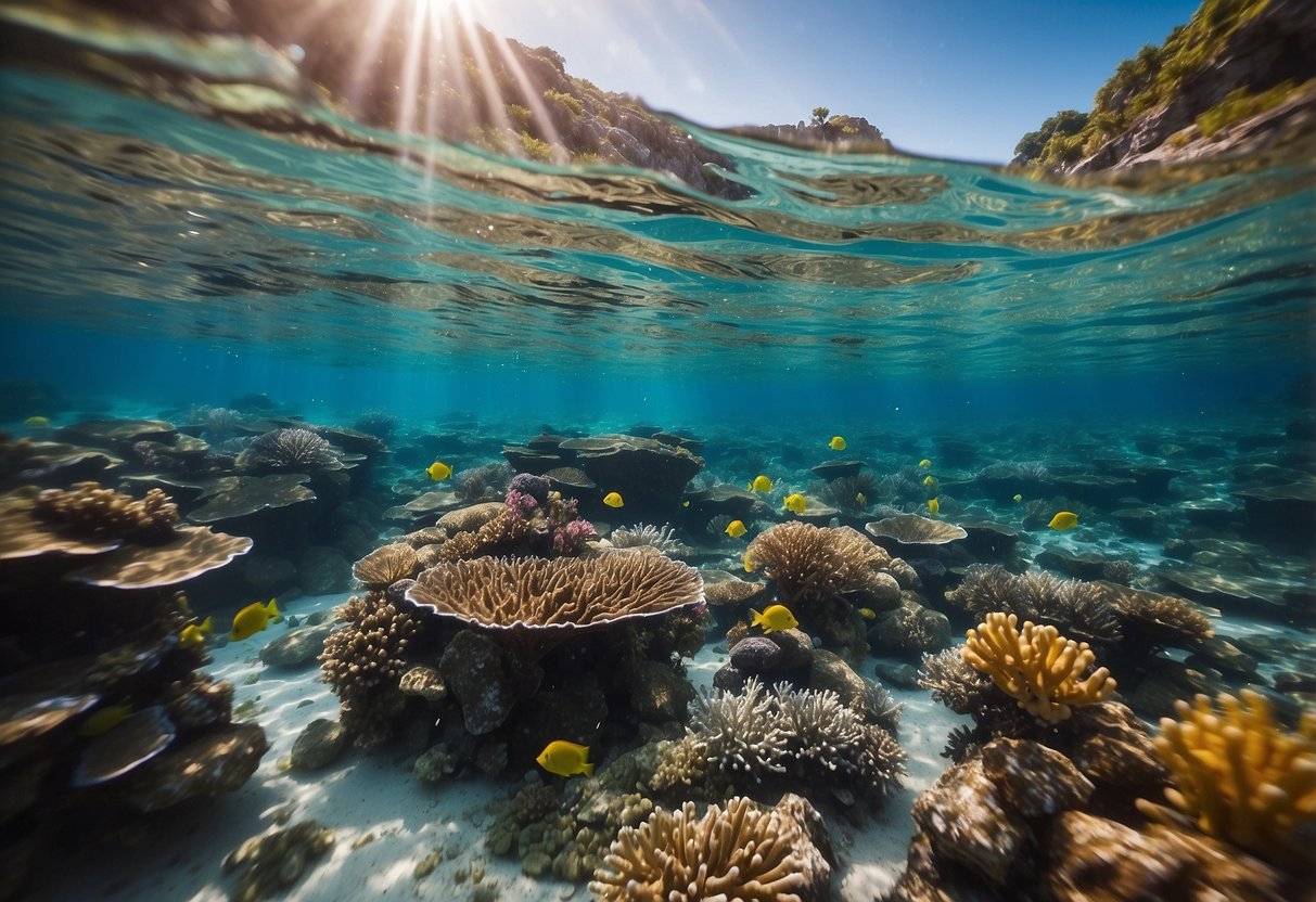 Crystal-clear water, colorful coral, and marine life. Ten snorkelers swimming horizontally, leaving no trace of their presence