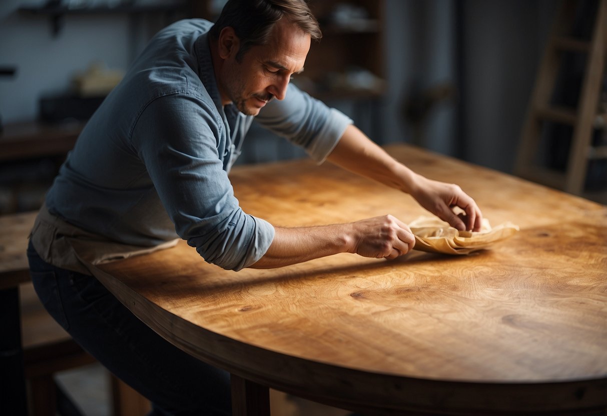 An artist carefully sands and stains a worn veneer table, bringing out its natural beauty