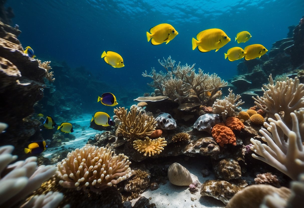 Crystal-clear water, colorful coral, and marine life. Be mindful of fin kicks to avoid damaging the delicate ecosystem. No human subjects or body parts