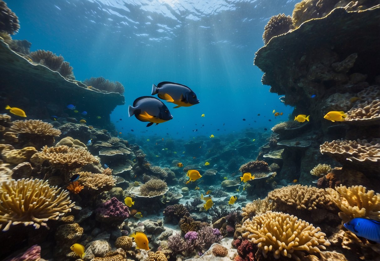 Vibrant coral reefs teeming with colorful fish and other marine life, with a snorkeler observing from a respectful distance, leaving no trace behind