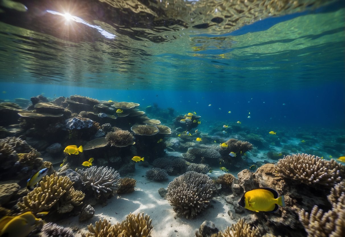 Crystal clear water, vibrant coral, and colorful fish populate the underwater scene. A snorkeler follows local guidelines, leaving no trace behind