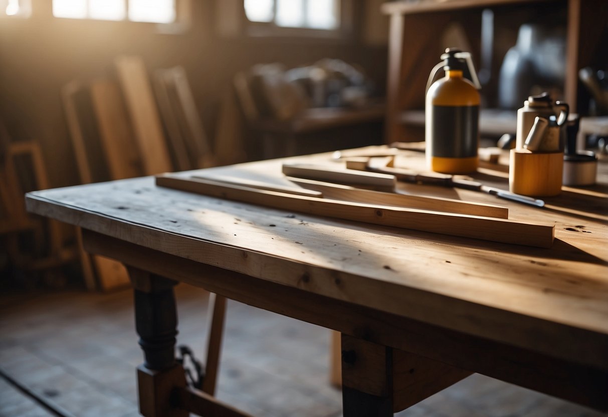 A table sits in a well-lit workshop, surrounded by sandpaper, wood stain, and a paintbrush. The surface is being sanded down in preparation for refinishing