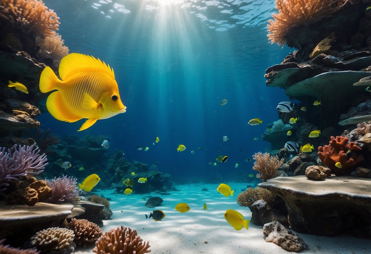 Crystal-clear water, vibrant coral, and colorful fish in a serene underwater environment with no human presence