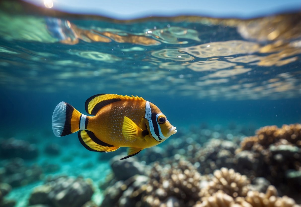 Crystal clear water with vibrant coral and colorful fish. Bright sun shining down on the calm ocean surface. A snorkel and mask floating on the water's edge