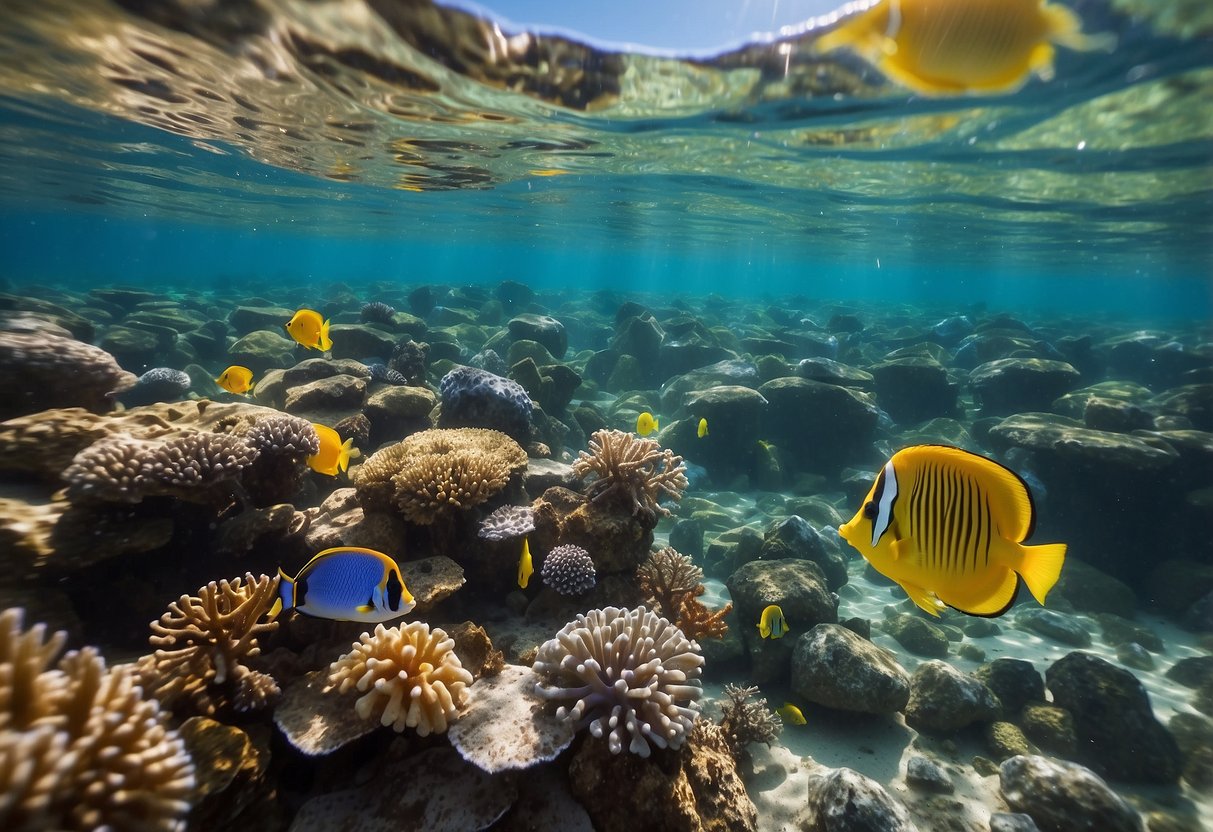 Crystal clear water, sun low in the sky, colorful fish swimming among coral, snorkel gear resting on the beach