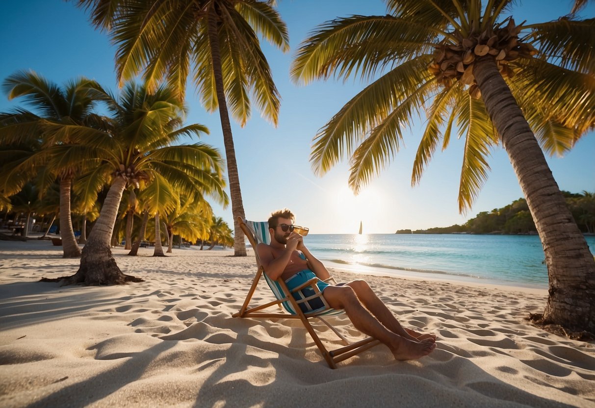 A snorkeler rests on a sandy beach, surrounded by palm trees and clear blue water. The sun beats down as they take a break from snorkeling in the hot weather