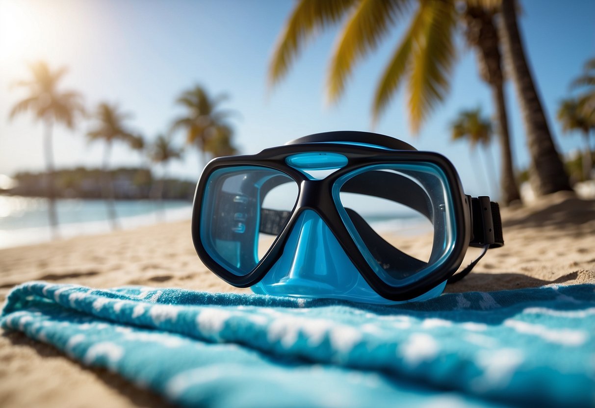 A snorkel mask with anti-fog spray applied, resting on a beach towel under the hot sun, surrounded by clear blue water and palm trees