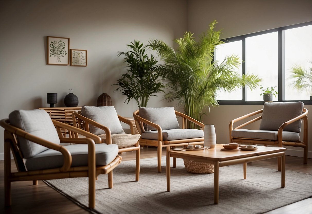 Sleek bamboo chairs and tables fill a minimalist living room, accented by soft lighting and clean lines